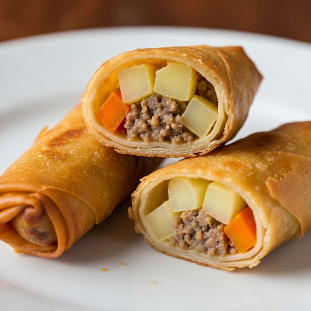 Classic lumpianada sliced in half showing ground meat, potato, carrot, and cheese filling